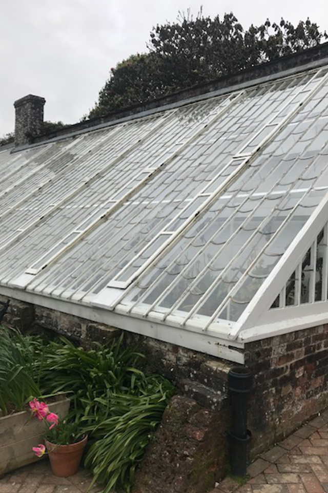 Glass greenhouse sloped roof Heligan