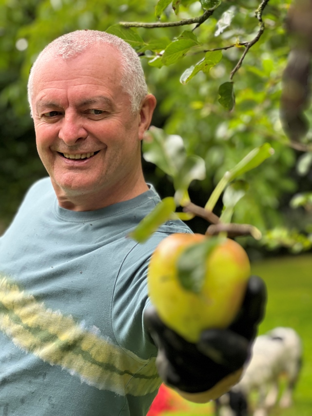 A close up photo of an apple, out of focus, and a man in the background smiling and reaching for the apple
