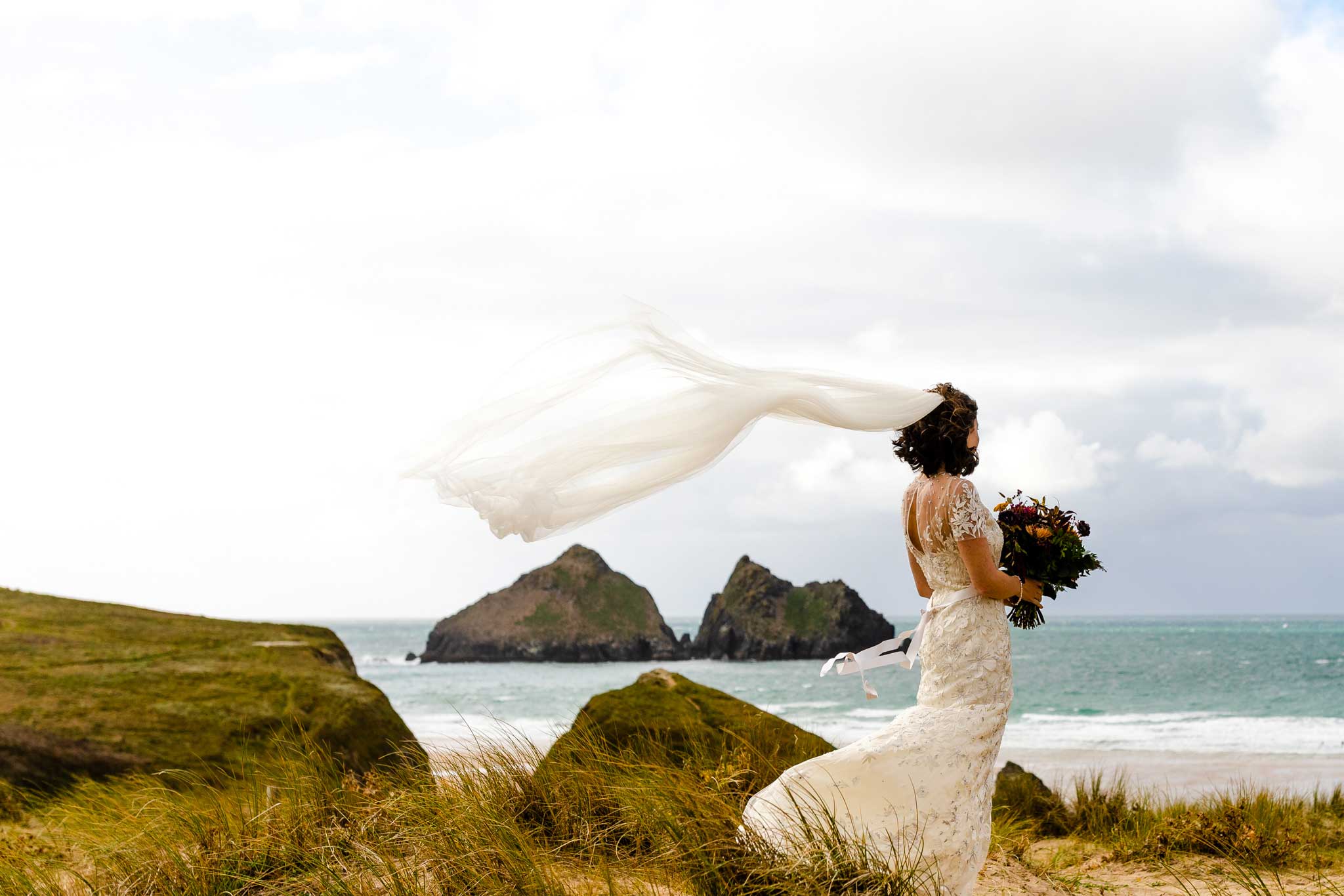 flowing bridal veil on Cornish beach