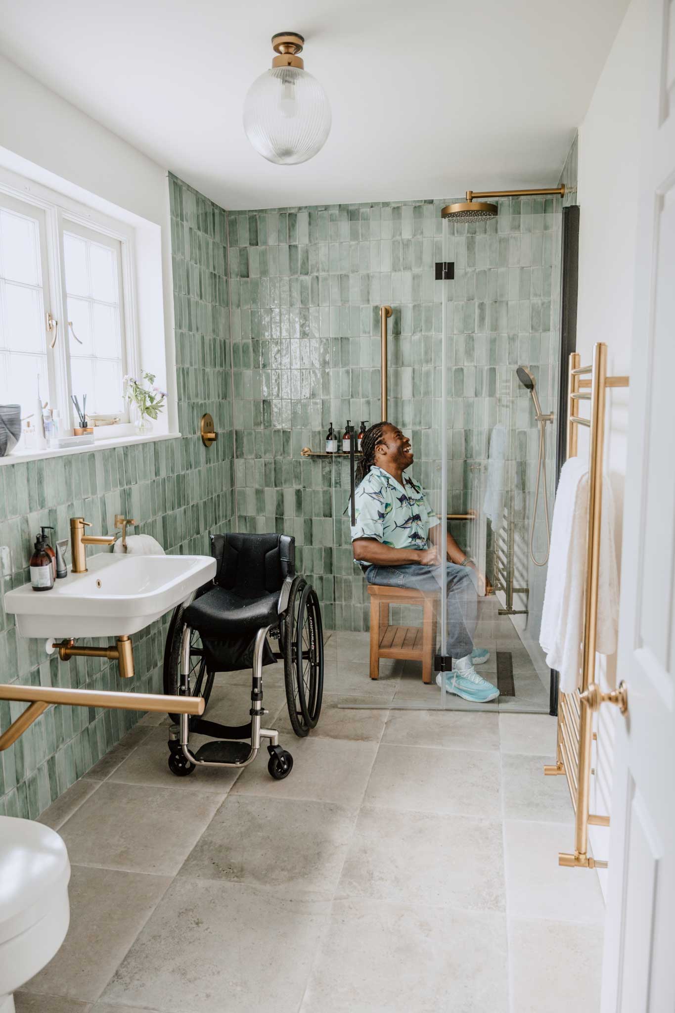 Ade Adepitan wheelchair accessible wedding venue stylish wet room in Cornwall